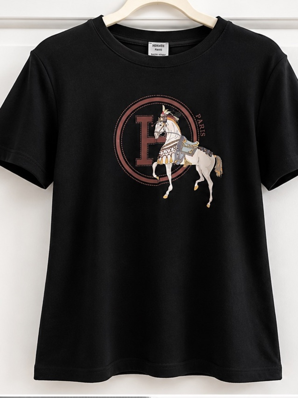 Paris Black Horse Motif Short Sleeve Tee